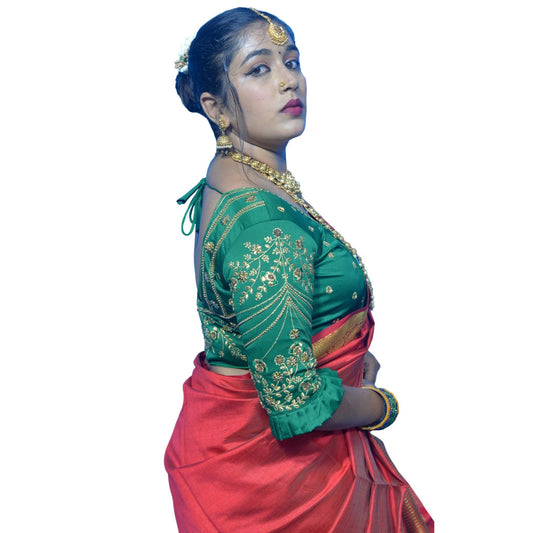 Vibrant Basil Green Blouse with Multi-Color Floral Embroidery and Frill Sleeves