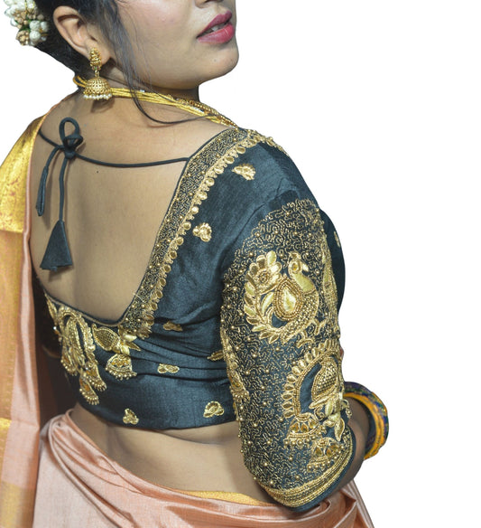 Designer Black Blouse with Peacock Sleeve Motifs and Jumka Aari Fusion Back
