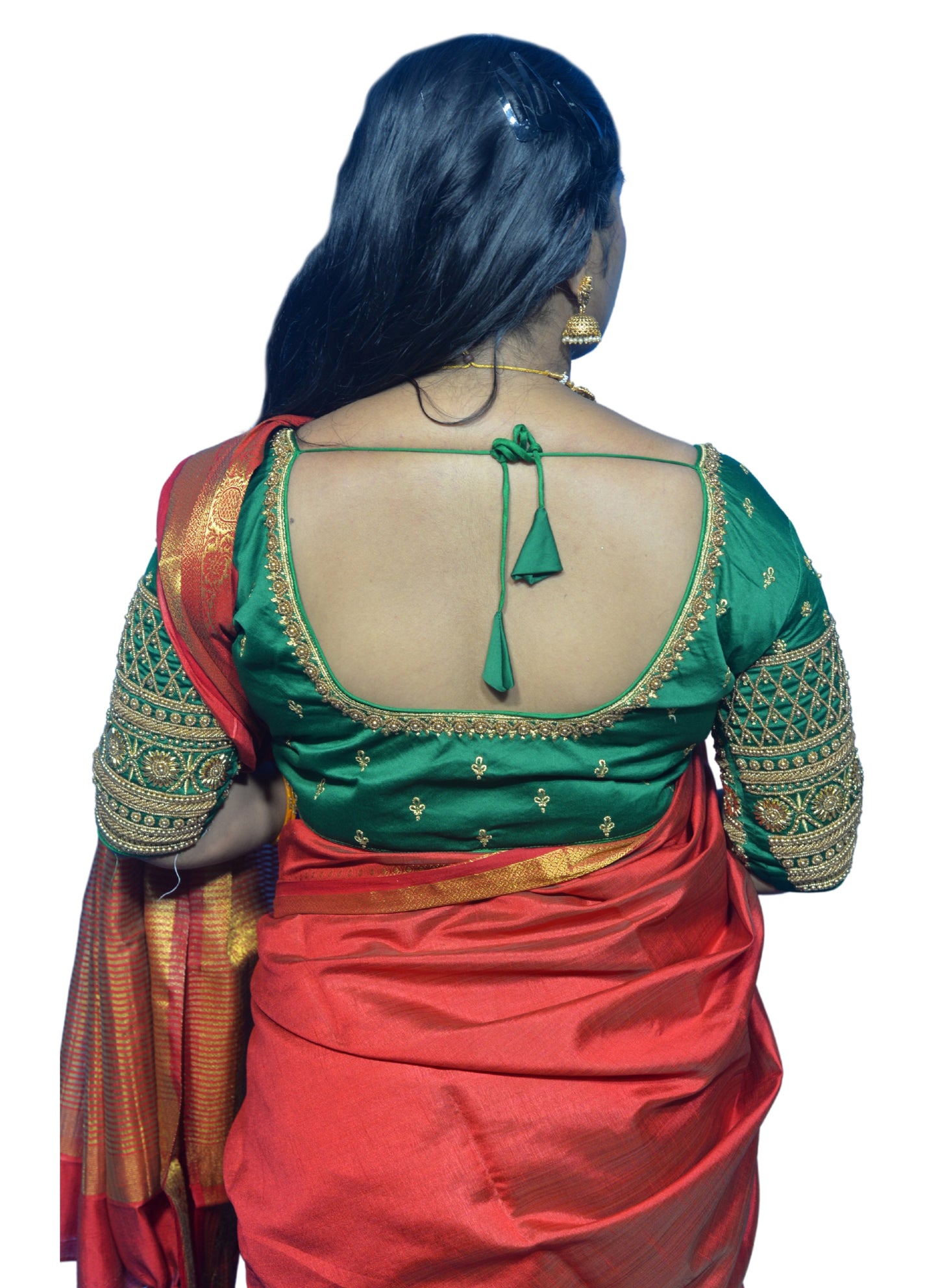 Designer Peacock Green Blouse with Criss-Cross Floral Sleeves and Aari Embroidered Back