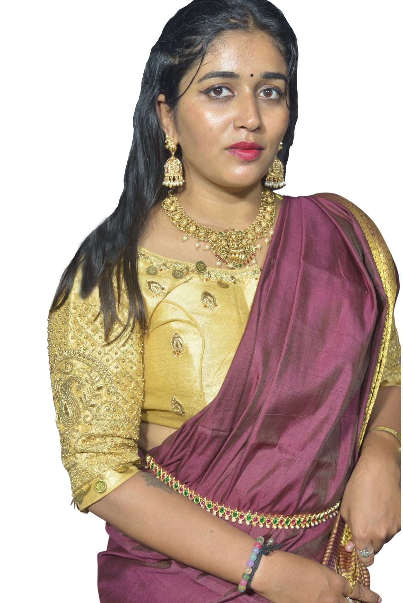 Gold Blouse with Moti & Lakshmi Coin Sleeves, Dual Embroidery