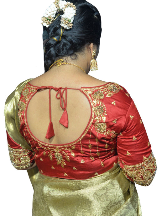 Designer Maroon Blouse with Floral and Silver Moti Sleeves and Aari Embroidered Back