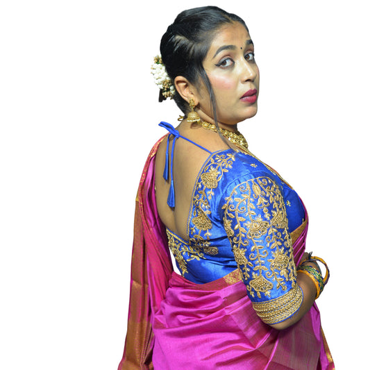 Royal Blue Blouse with Floral Motifs & Dual Embroidery