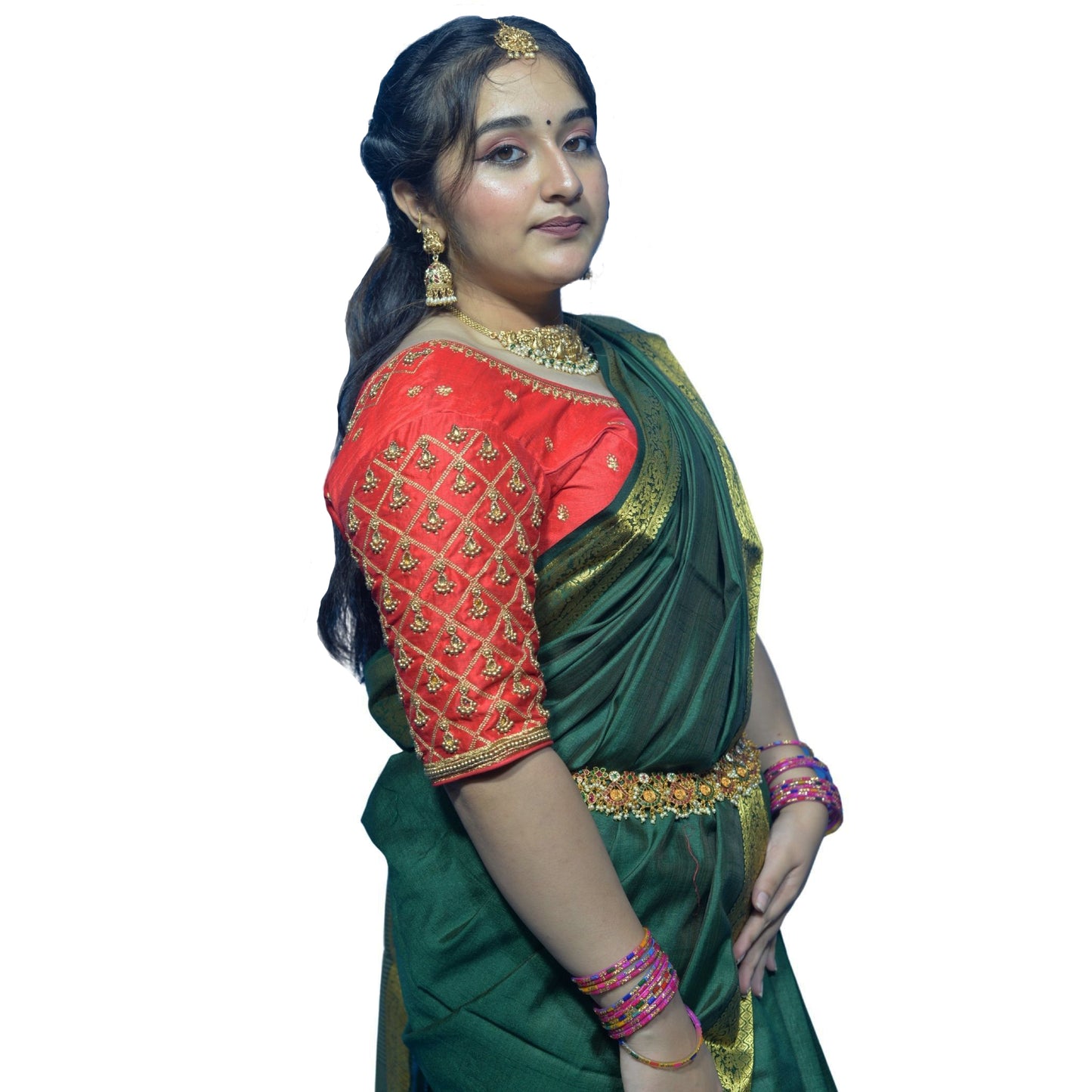 Red Blouse with Criss-Cross, Footprint & Bush Embroidery