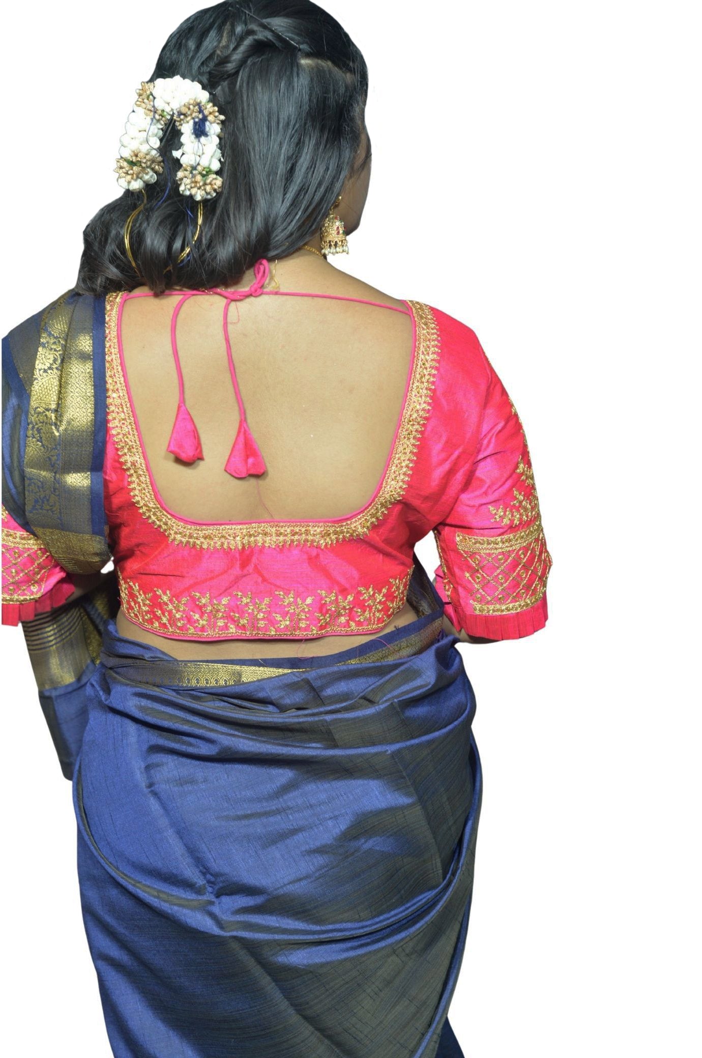 Designer Fuchsia Blouse with Cross Plus Pattern and Puff Sleeves