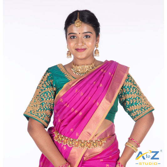 Rama Blue Silk Cloth Blouse with Small leaf (like flower pot) and chain work Design