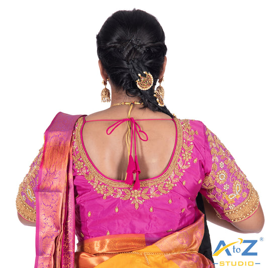 Fuchsia Pink with Aari Work Blouse with leaf and flower mixed Design