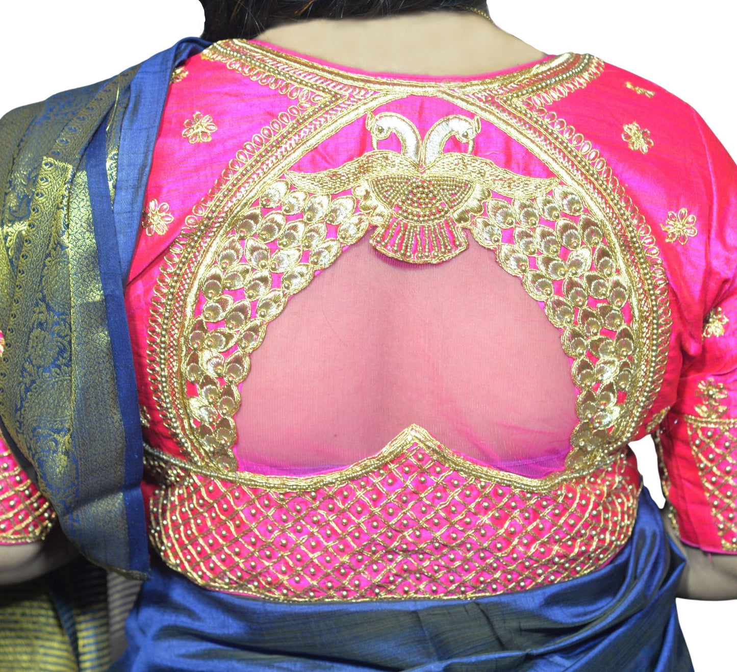 Fuchsia Peacock Blouse with Shoulder Motifs & Criss-Cross Back