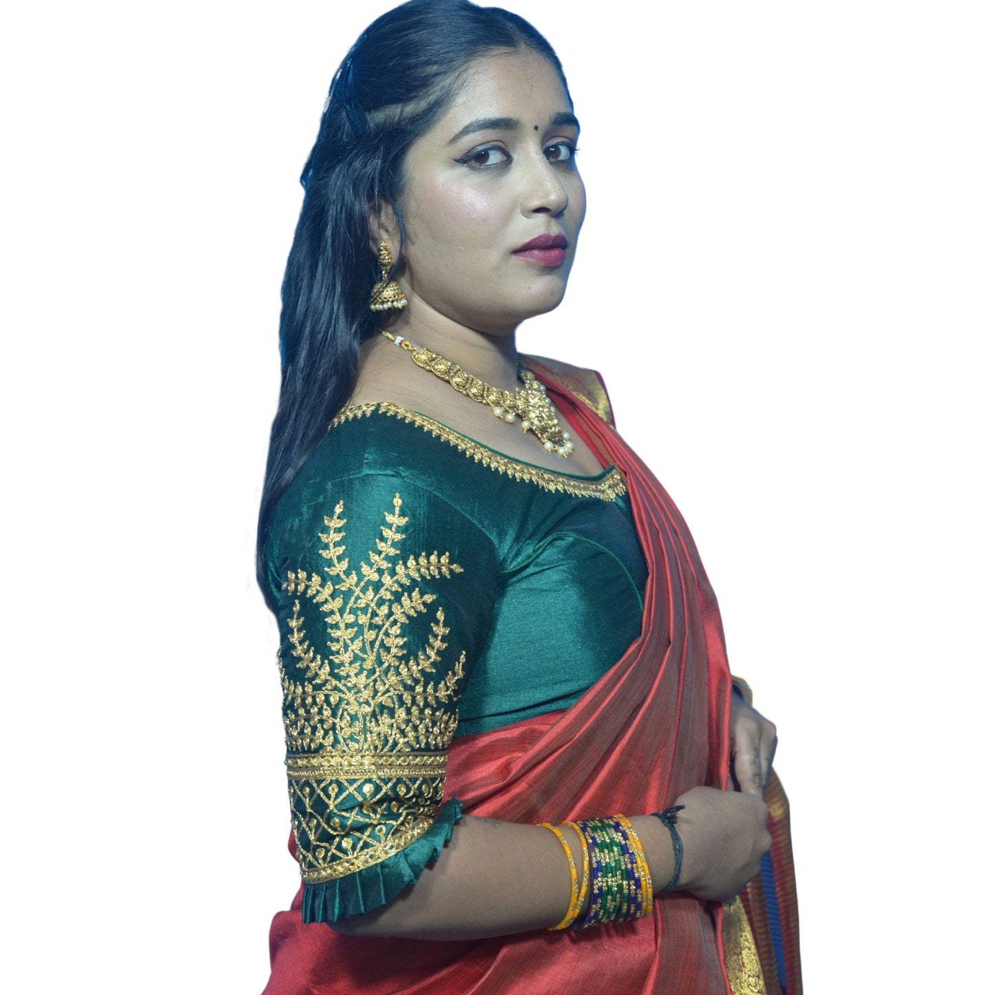 Designer Dark Green Blouse with Cross Plus Pattern and Puff Sleeves