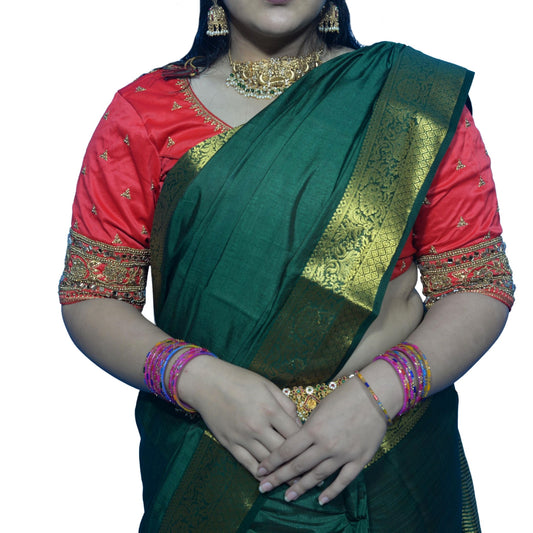 Designer Tomato Blouse with Floral and Moti Sleeves and Aari Embroidered Back