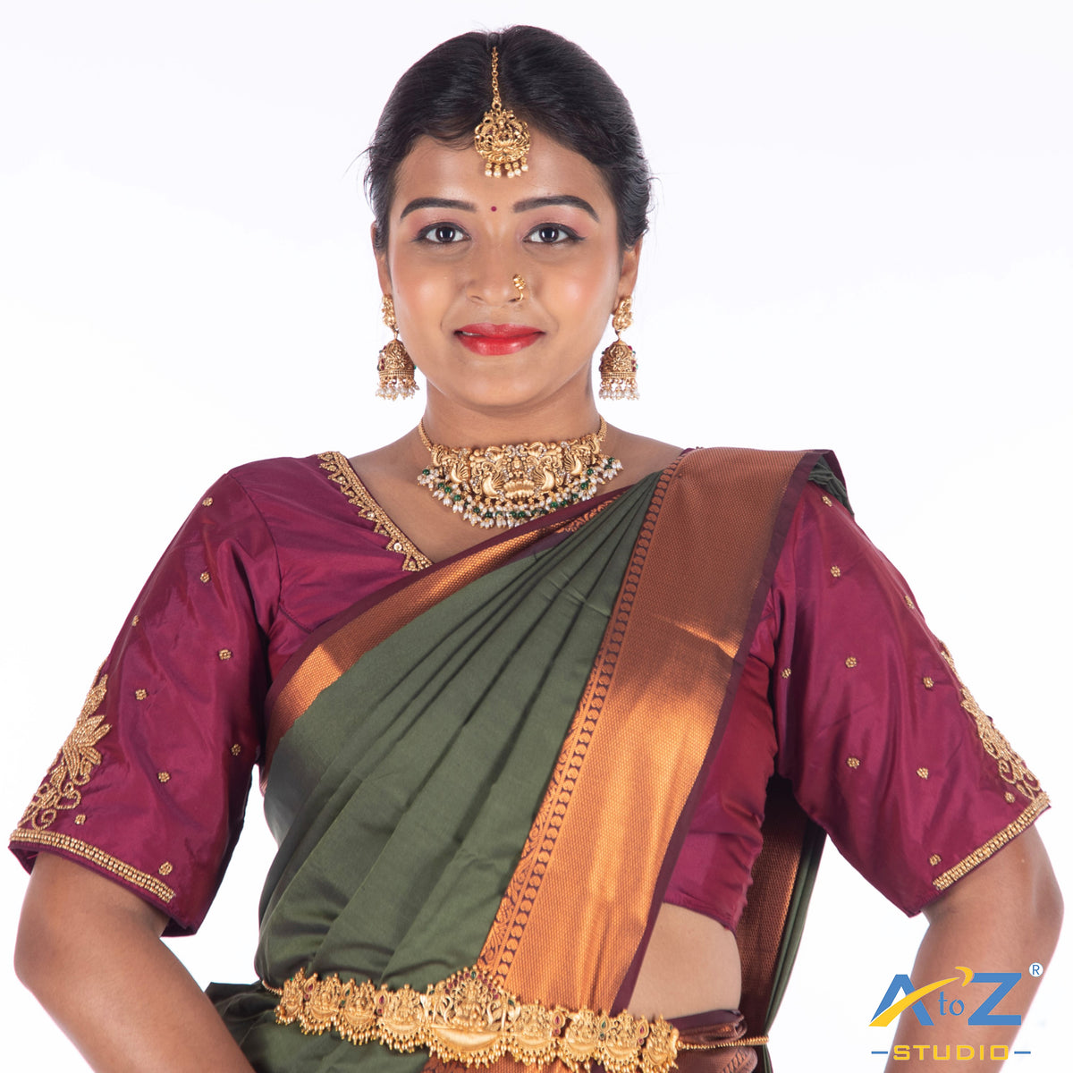 Pink Wine Silk Cloth Blouse with Chain double peacock Design