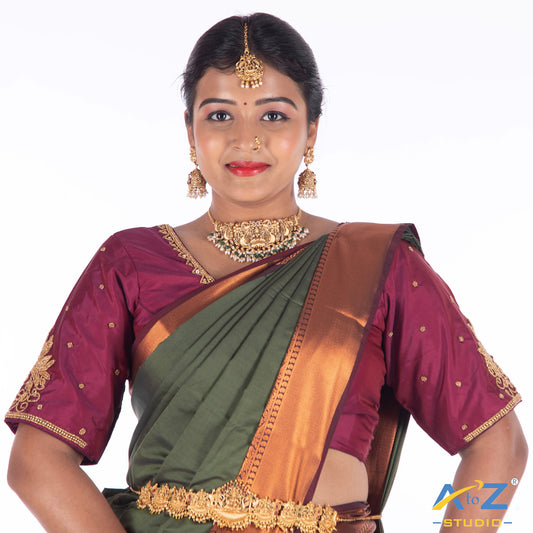 Pink Wine Silk Cloth Blouse with Chain double peacock Design