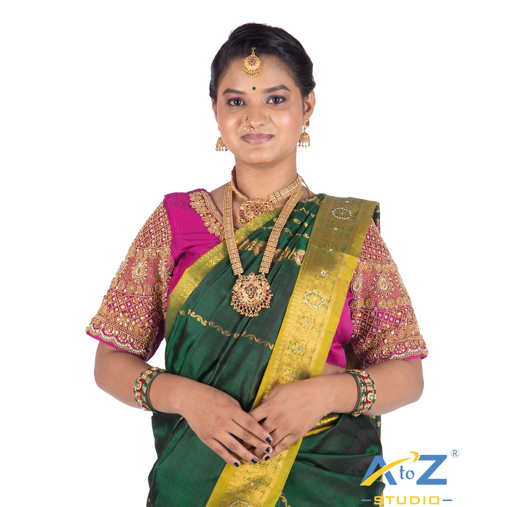 Dark Pink Silk Cloth Blouse with kundan and chain work Design