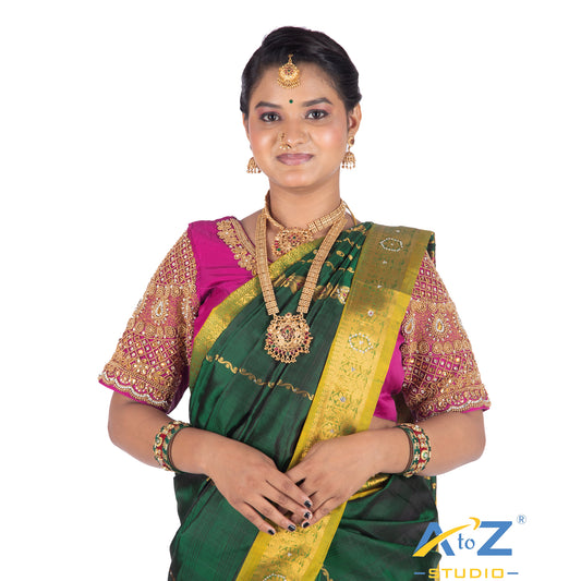 Dark Pink Silk Cloth Blouse with kundan and chain work Design