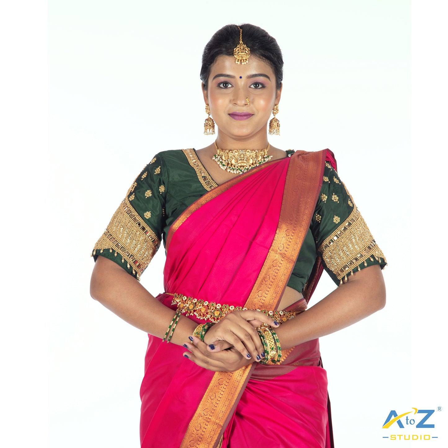 Bottle Green Silk Cloth Blouse with Small peacock ,chain and mirror Design