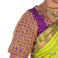 Bright Purple Silk Cloth Blouse with Kundan flower Design Design