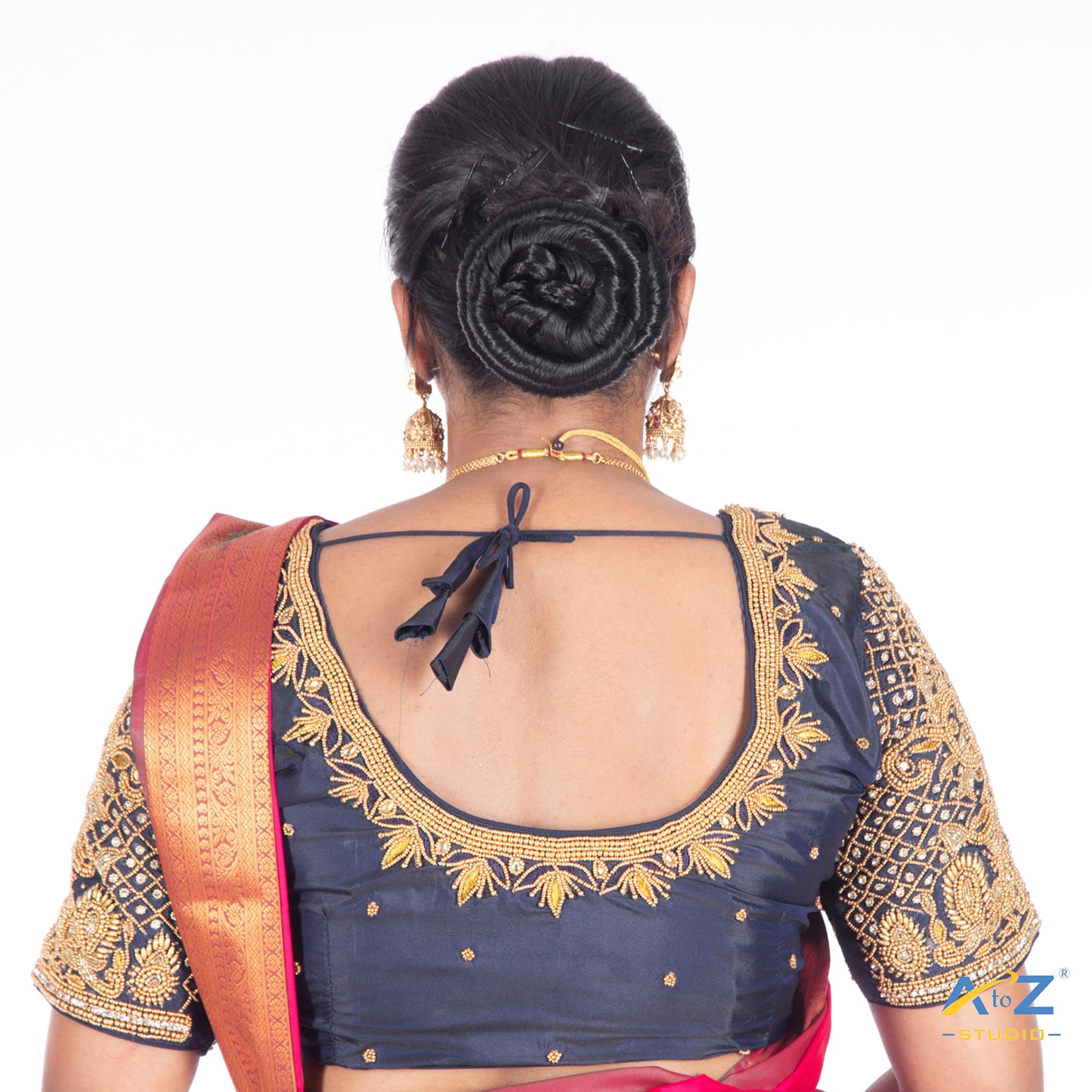 Navy Blue Silk Cloth Blouse with Small Peacock and square chain Design