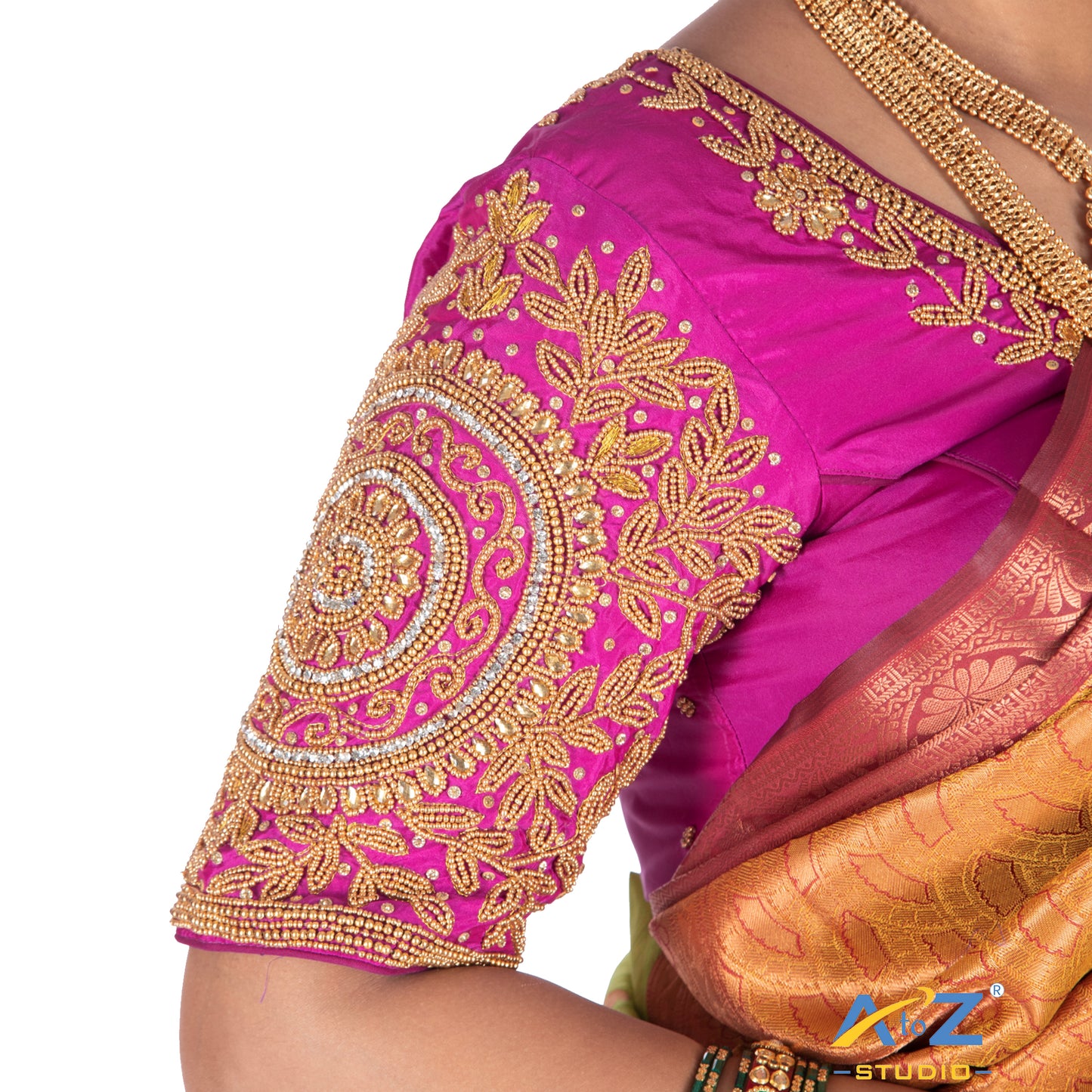 Bright pink Tissue Cloth / Gold Work Blouse with Circle and kundan work Design