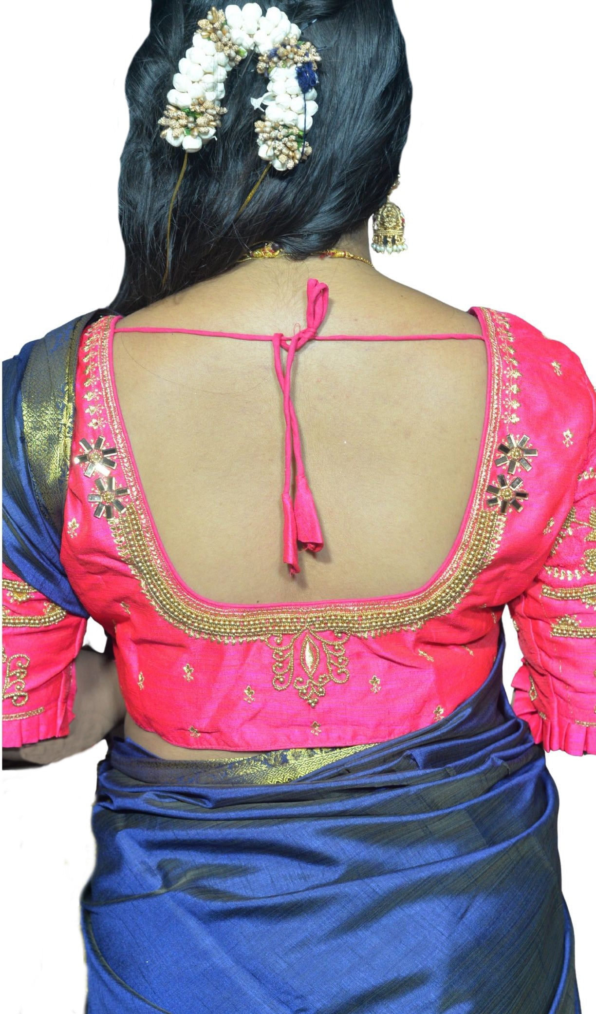 Festive Rani Blouse with Diya Motif and Floral Aari Fusion Work