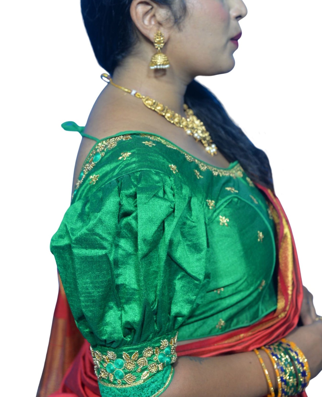 Parrot Green Blouse with Gold Motifs & Dual Embroidery