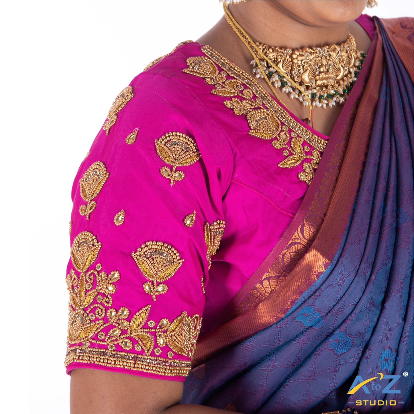Bright Pink Silk Cloth Blouse with Flower Jhumka Design