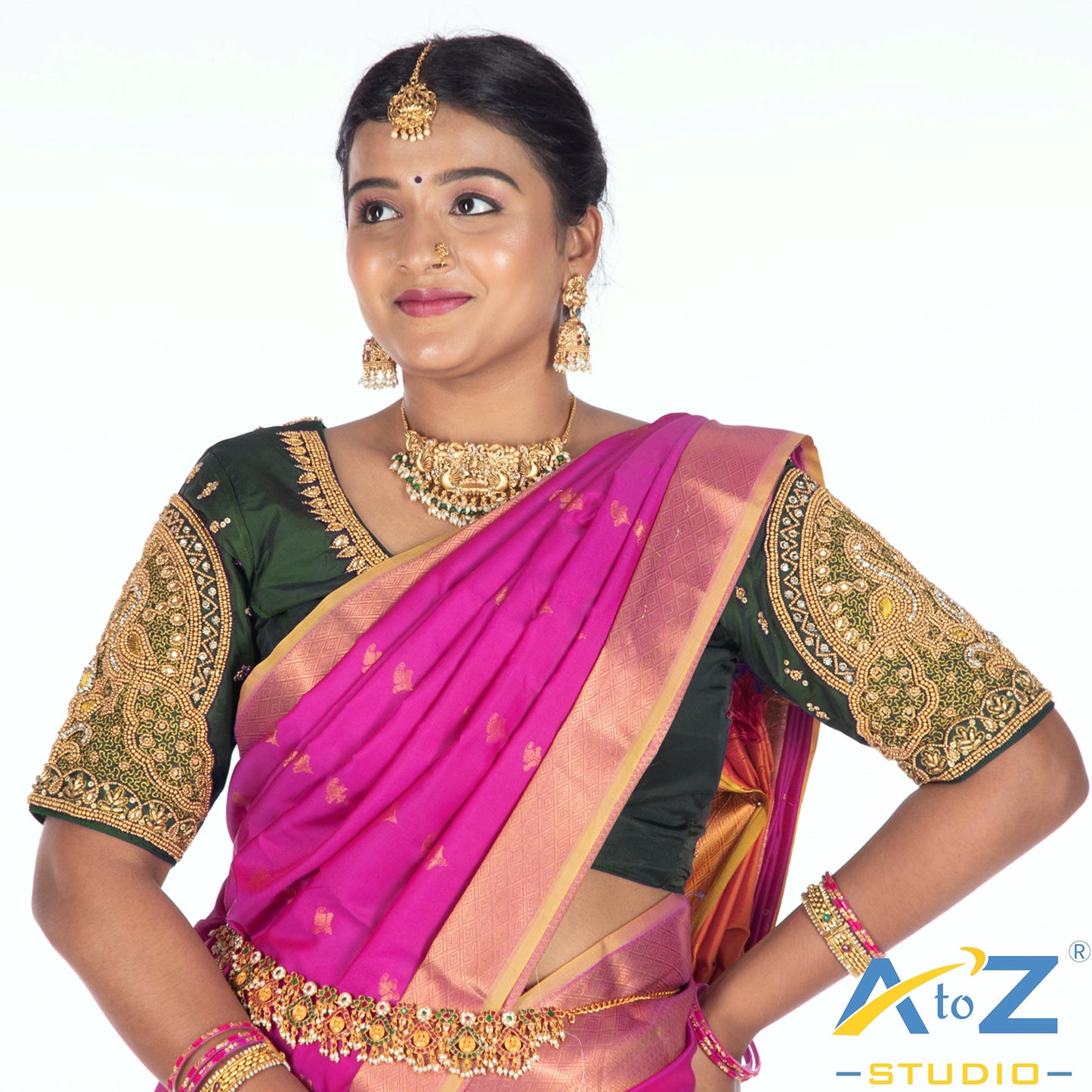 Bottle Green Silk Cloth Blouse with Double Peacock Design