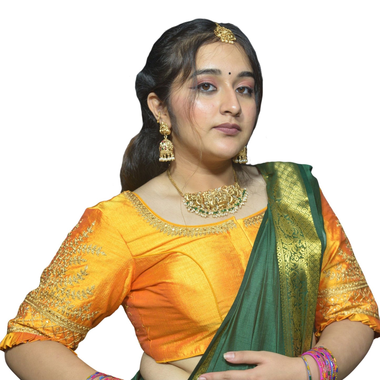 Designer Mango Blouse with Cross Plus Pattern and Puff Sleeves