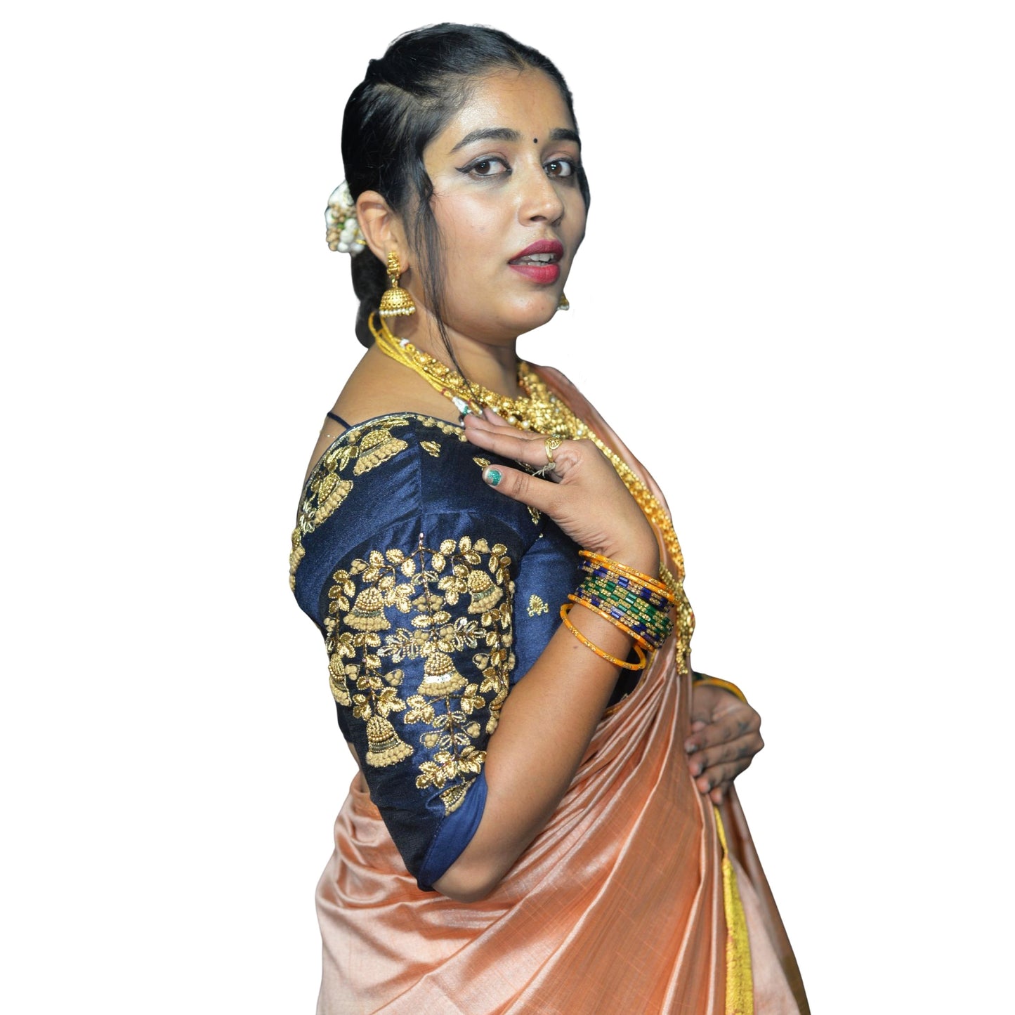 Elegant Navy Blue Blouse Featuring Floral Embroidery with Multiple Branches and Leafy Detailing, Crafted in a Fusion of Aari and Machine Work