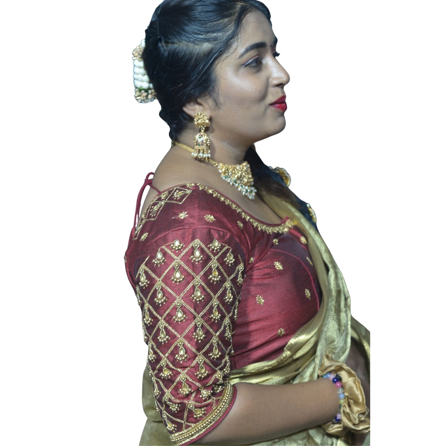 Maroon Blouse with Criss-Cross, Footprint & Bush Embroidery