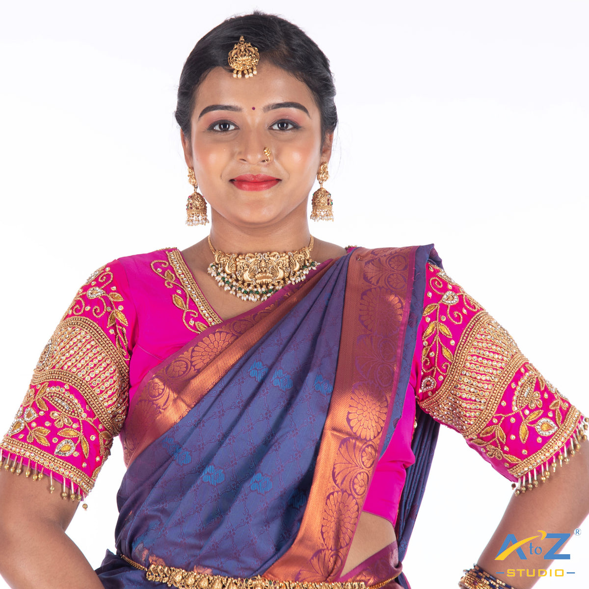 Bright Pink Silk Cloth Blouse with Drop, kubdan and leafs Design