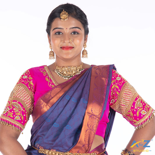 Bright Pink Silk Cloth Blouse with Drop, kubdan and leafs Design