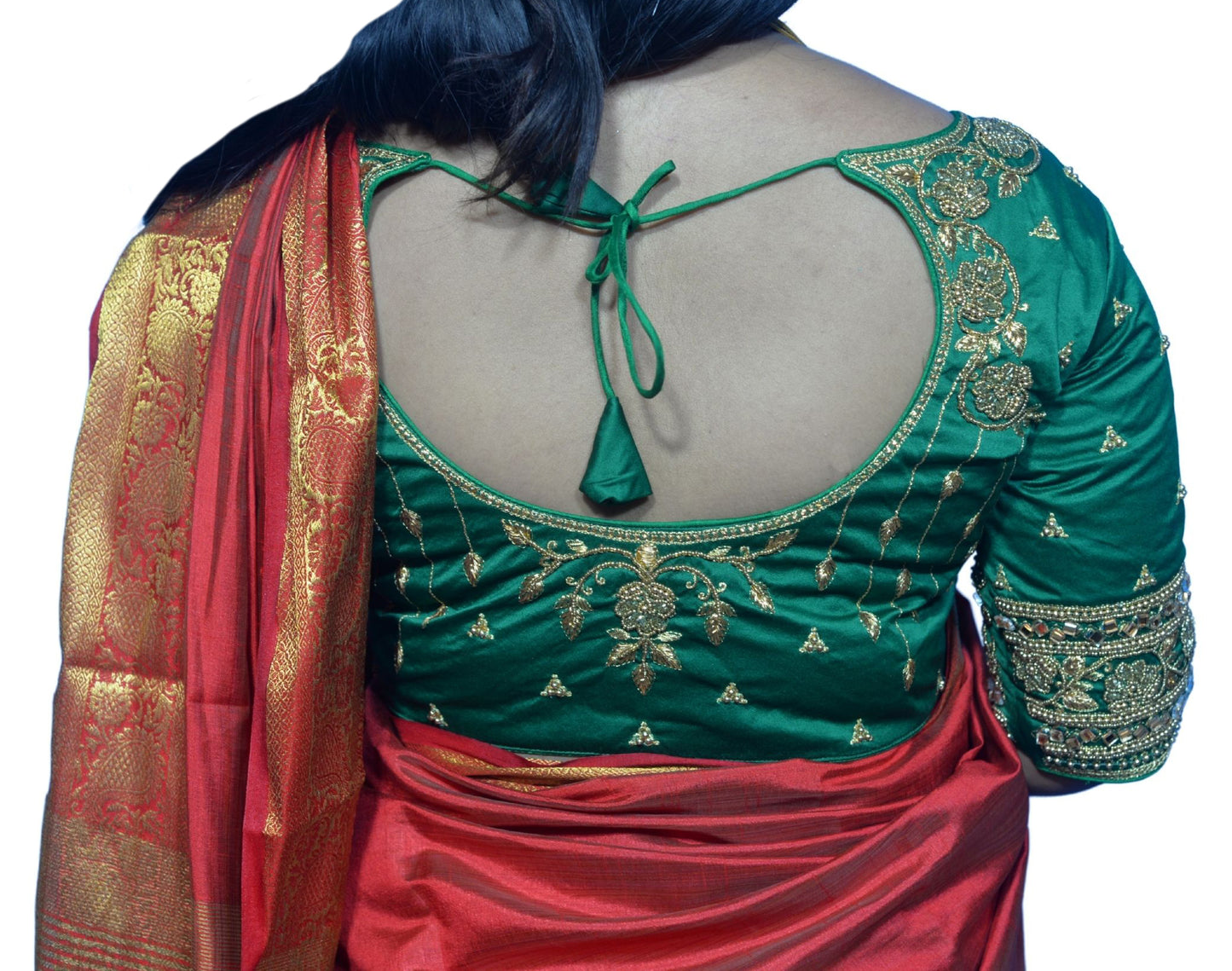 Designer Basil Green Blouse with Floral and Silver Moti Sleeves and Aari Embroidered Back