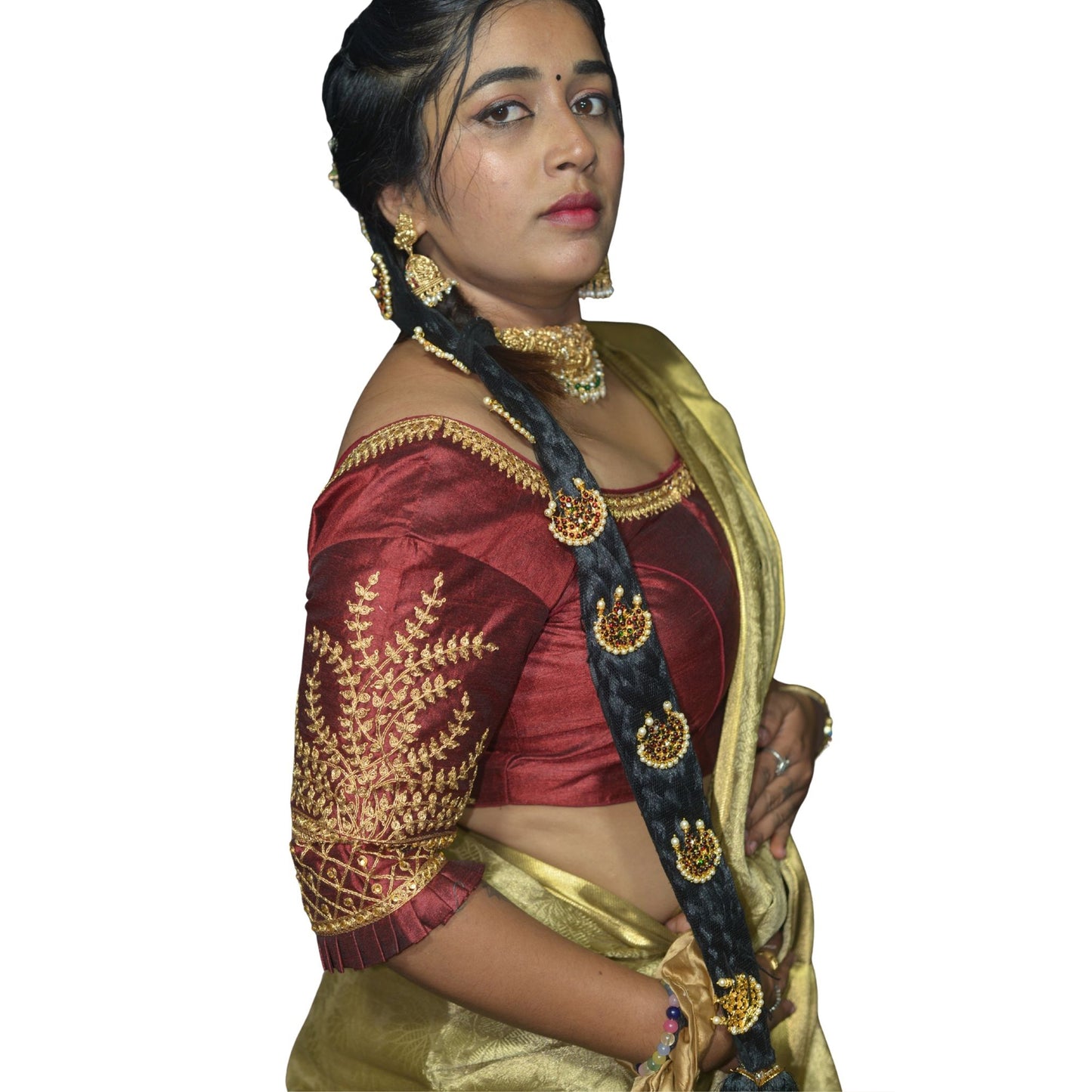 Designer Maroon Blouse with Cross Plus Pattern and Puff Sleeves