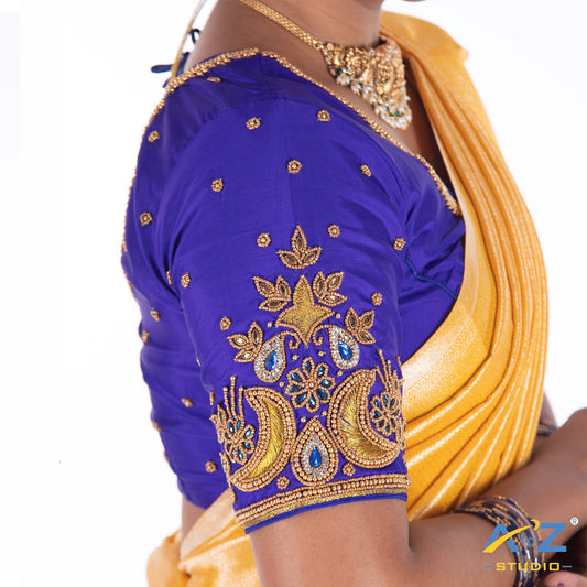 Royal Blue Silk Cloth Blouse with moon and small leafs Design