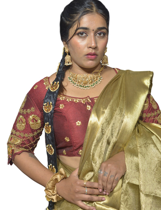 Traditional Maroon Blouse with Criss-Cross Sleeves and Lakshmi Aari Work
