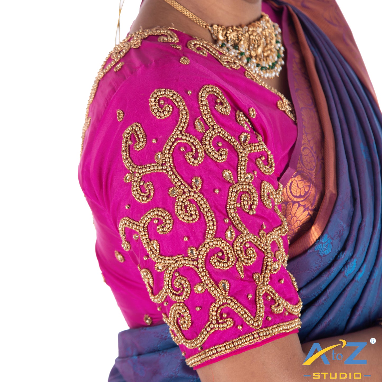 Fuchsia Silk Cloth Blouse with kundan work with chain Design