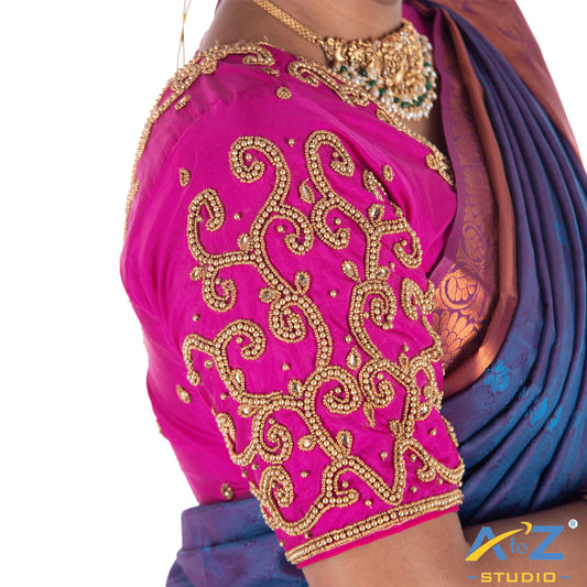 Fuchsia Silk Cloth Blouse with kundan work with chain Design
