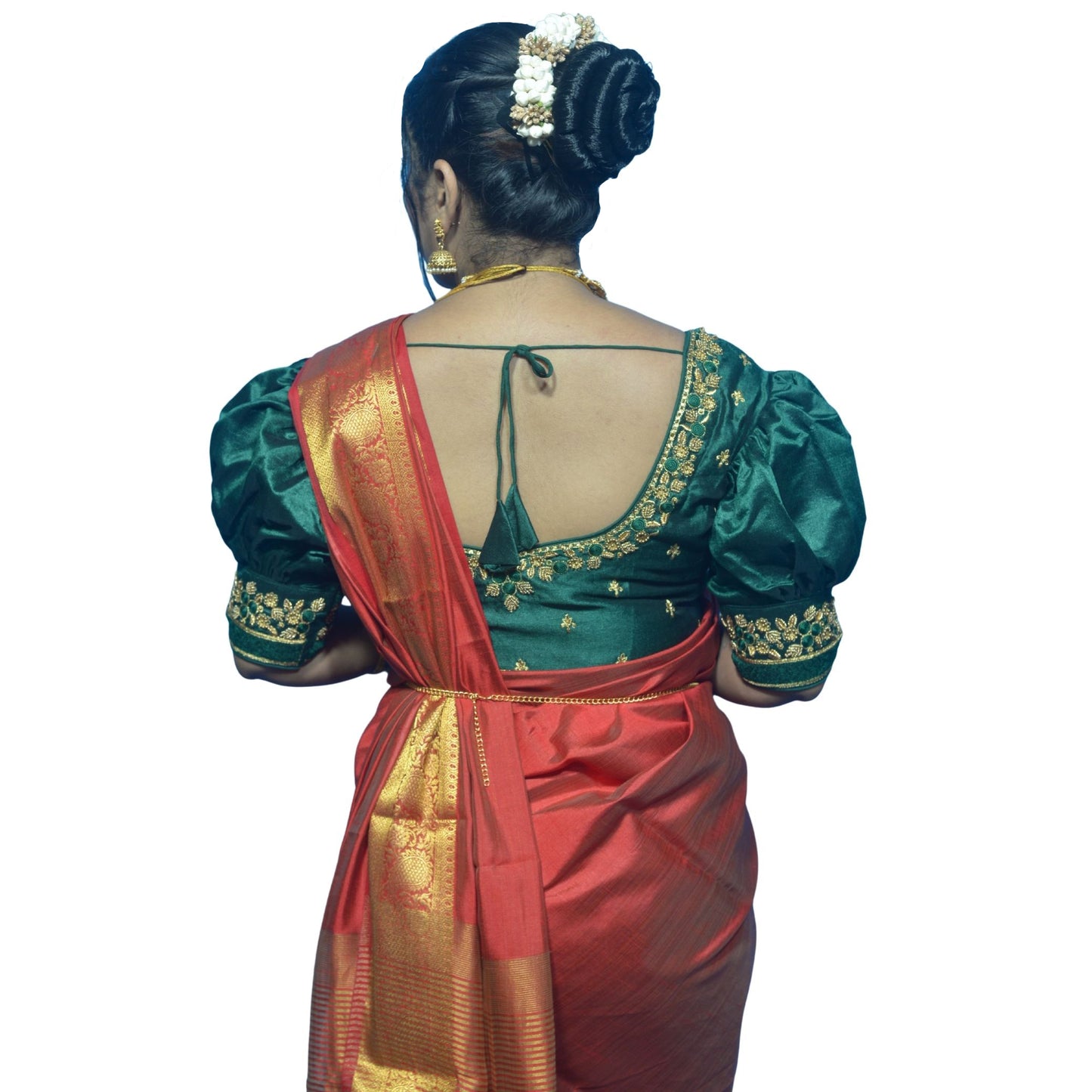 Dark Green Blouse with Gold Motifs & Dual Embroidery