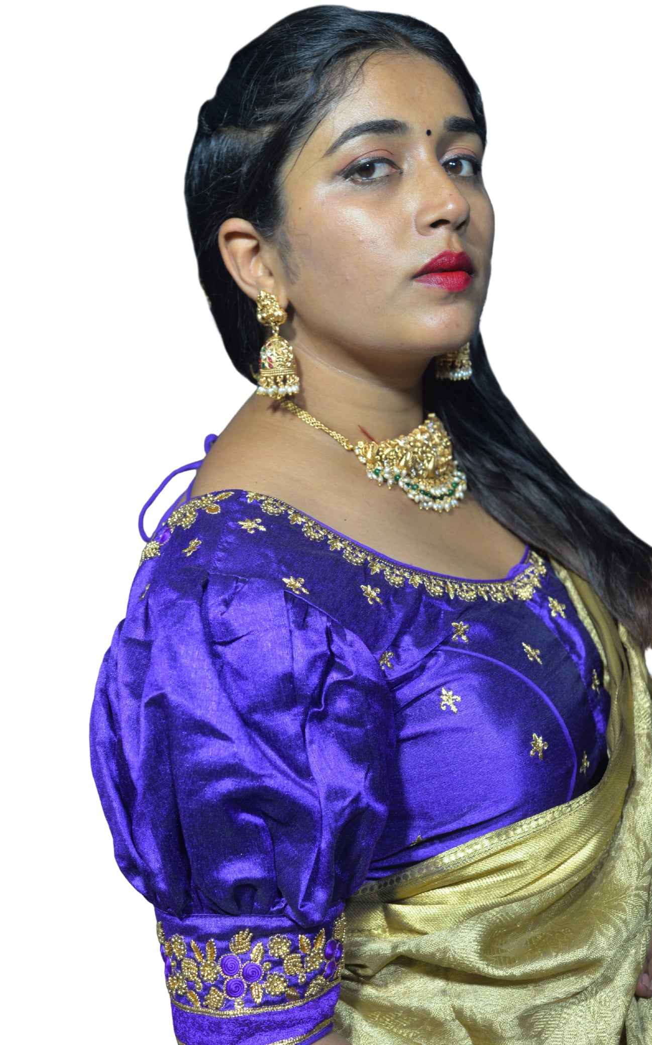 Dark Lavender Blouse with Gold Motifs & Dual Embroidery