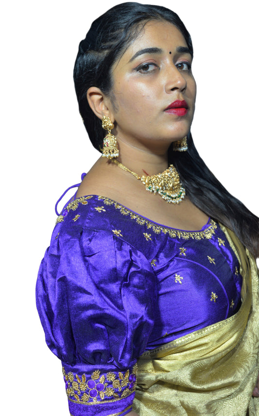 Dark Lavender Blouse with Gold Motifs & Dual Embroidery