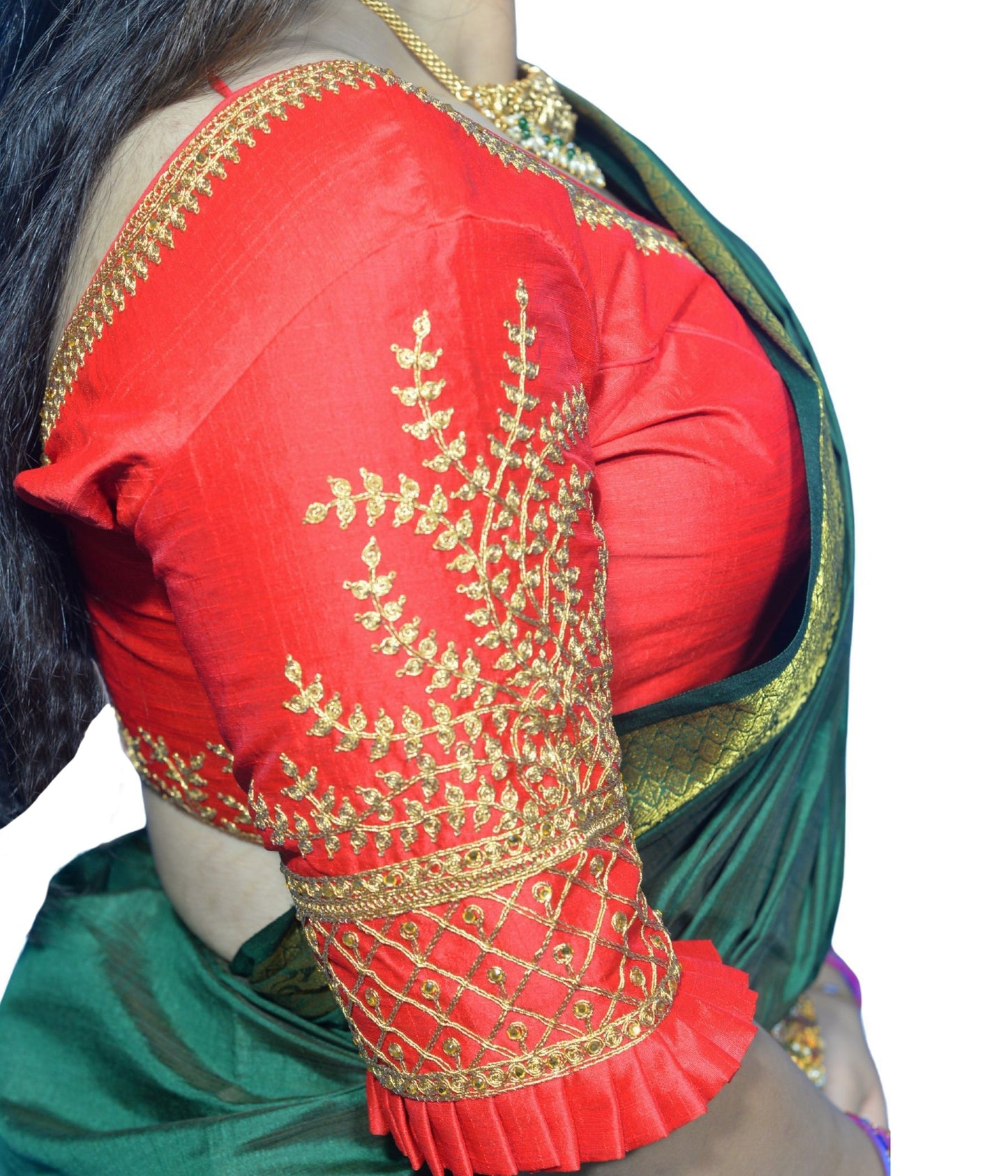 Designer Red Blouse with Cross Plus Pattern and Puff Sleeves