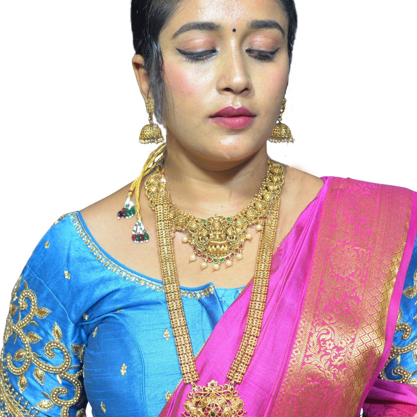 Peacock Blue Blouse with Leaf Sleeves & Dual Embroidery