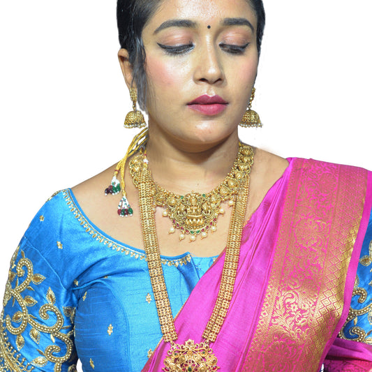 Peacock Blue Blouse with Leaf Sleeves & Dual Embroidery