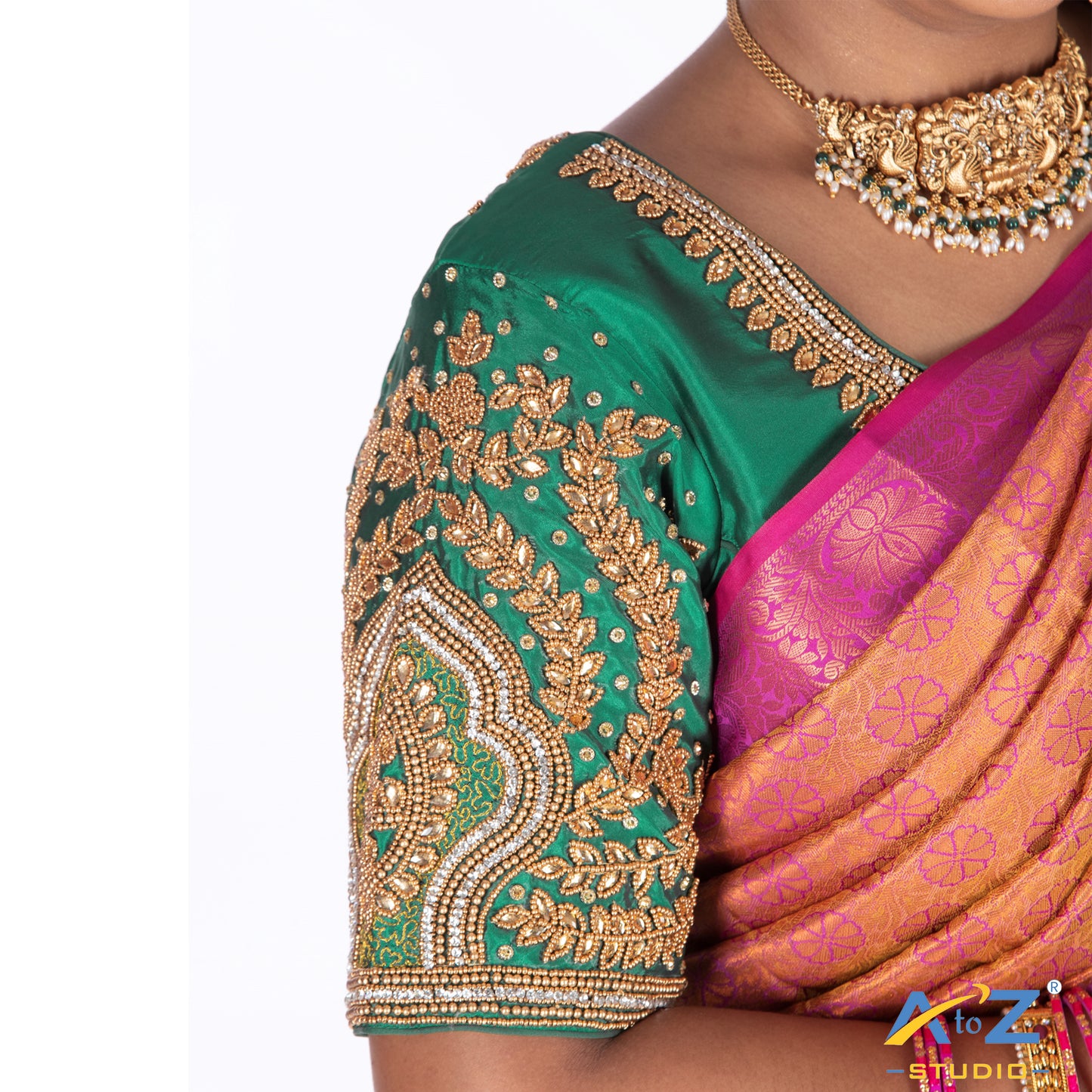 Light forest Green Silk Cloth Blouse with Small leaf and chain work Design