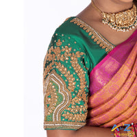 Light forest Green Silk Cloth Blouse with Small leaf and chain work Design