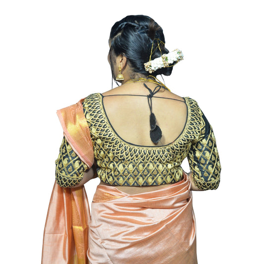 Designer Black Blouse with Criss-Cross Mango Motifs and 5D Peacock Aari Fusion Work