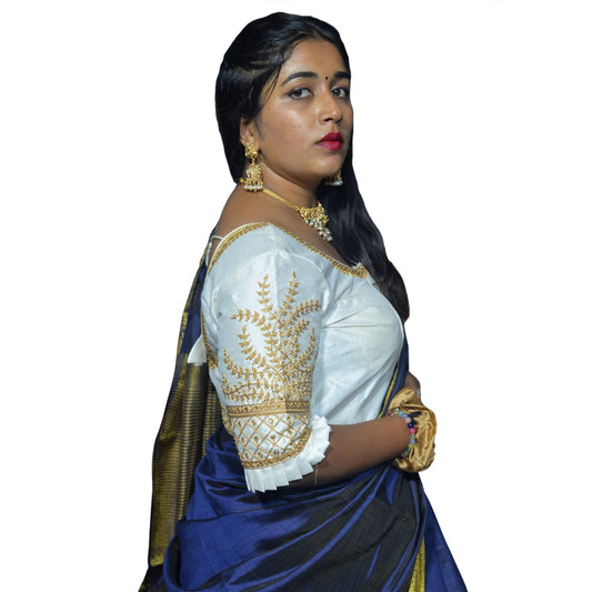 Designer White Blouse with Cross Plus Pattern and Puff Sleeves