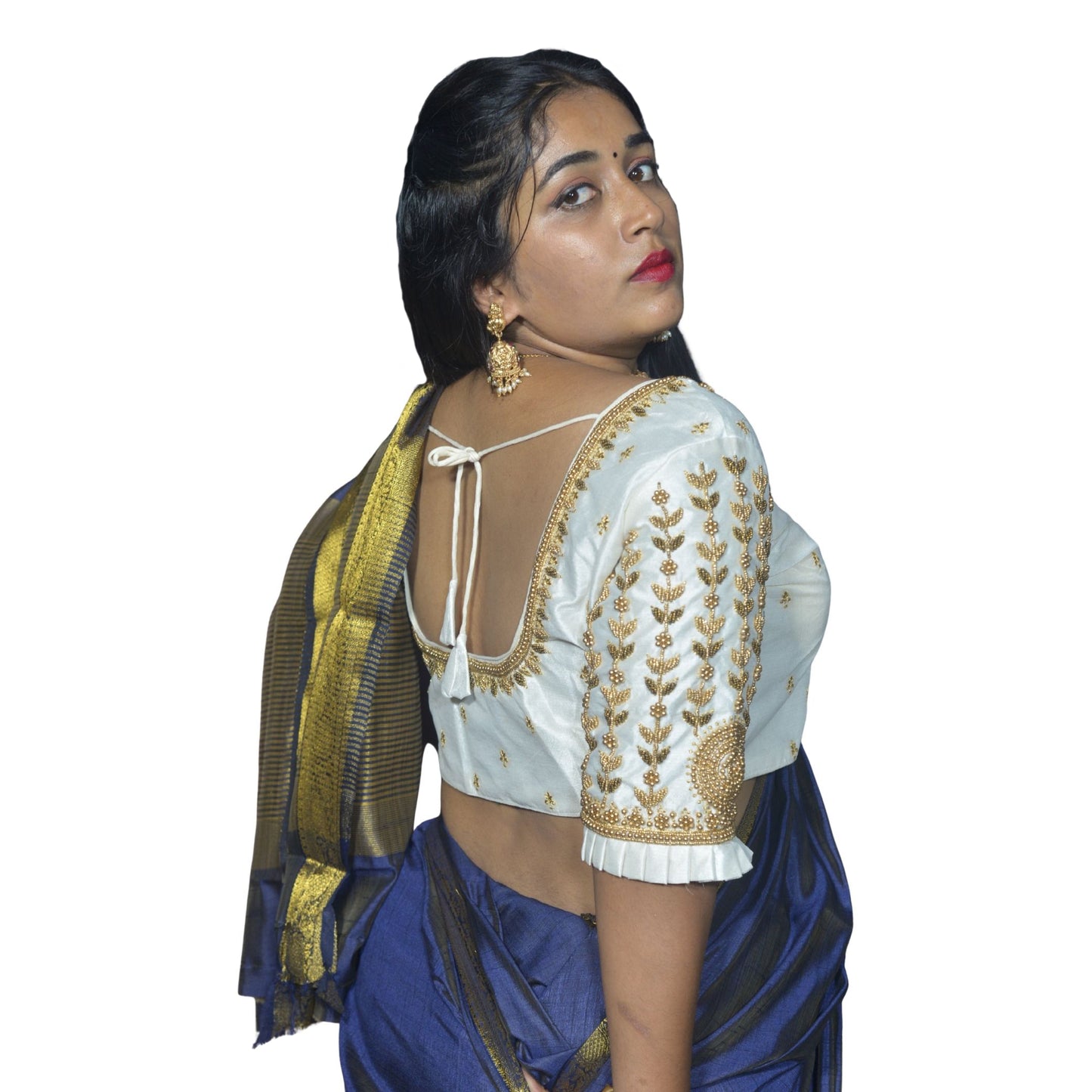 Designer White Blouse with Leaf and Flower Sleeve Design and Aari Embroidered Back