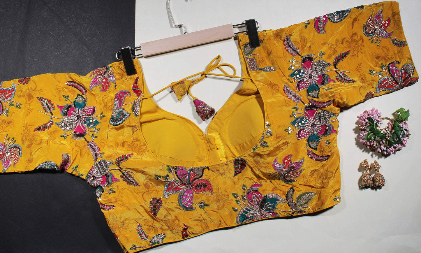Yellow Velvet Floral Sequin Blouse