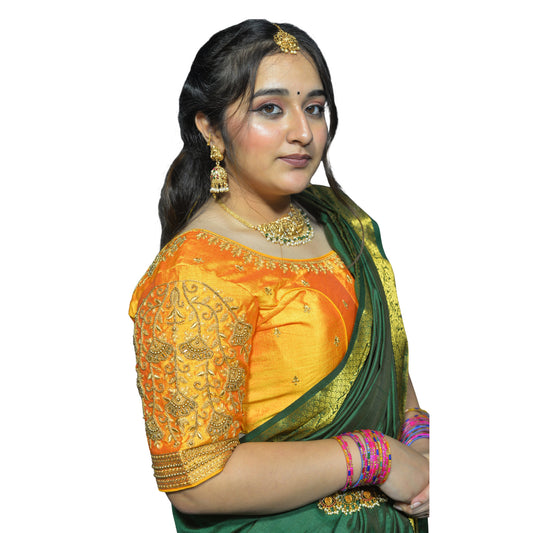 Yellow Blouse with Floral Motifs & Dual Embroidery