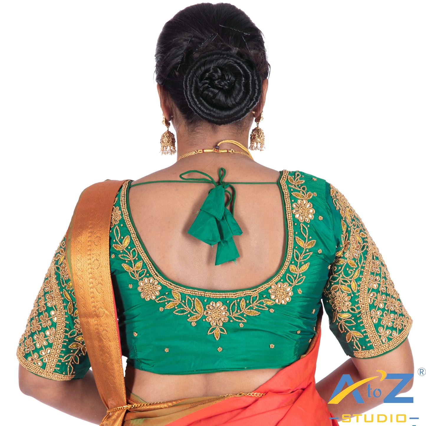 Rama Green Silk Cloth Blouse with Leaf and flower Design